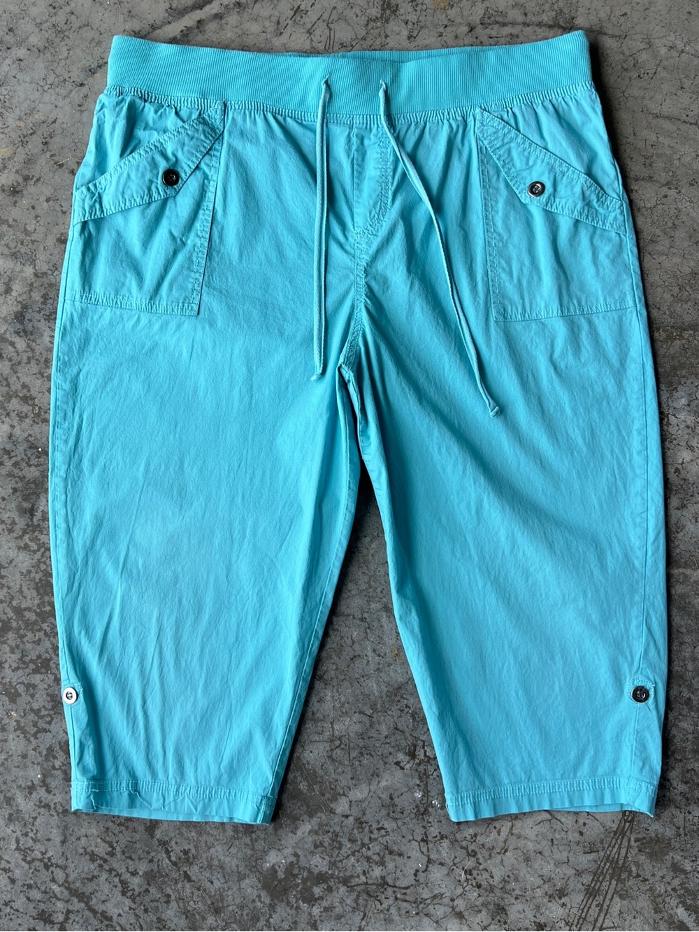 Palm Rio Turquoise Aqua Capri Pants Elastic Waist Drawstring Roll Tab Women's XL